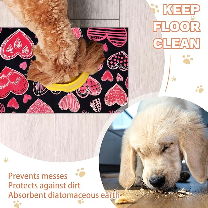 Valentines Day Dog Food Mat for Floors Absorbent, Quick Dry Water Dispenser Mat for Food, Water, Pet Supplies 24" x 32", Pink Love Heart