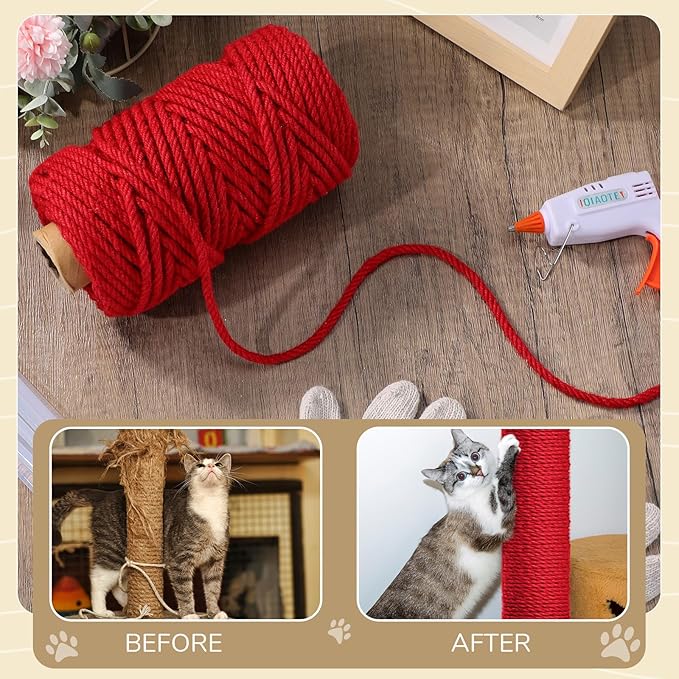 1/4inch ×164Ft Natural Cat Tree Hemp Rope, DIY Repair and Replace Scratching Post Sisal Rope for Scratching Post Cat Tree Tower DIY(Red)