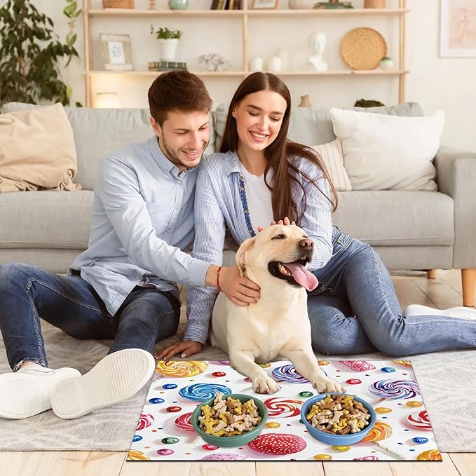 Rainbow Lollipop Dog Food Mat for Floors Absorbent Dog Bowl Mat for Food and Water Dispenser Quick Dry Cat Food Placemat Pet Supplies 12" x 20", Sweet Theme