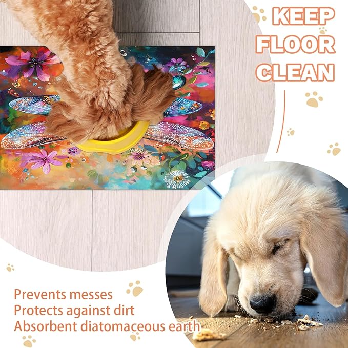 Dragonfly Dog Food Mat for Floors Absorbent, Quick Dry Water Dispenser Mat for Food, Water, Pet Supplies 24" x 32", Flower