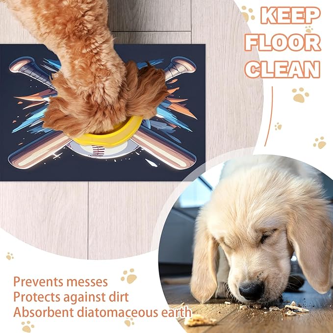 Baseball Bat Dog Food Mat for Floors Absorbent, Quick Dry Water Dispenser Mat for Food, Water, Pet Supplies 16" x 24", Sport Theme