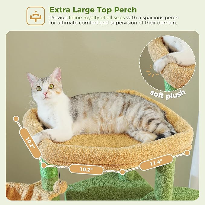 71.2 Inches Cactus Tall Cat Tree for Large Cats, Multi-Level Cat Tower with 2 Cozy Condos, Super Large Top Perch, 3 Hammocks, Sisal Scratching Posts and 2 Pompoms, Green