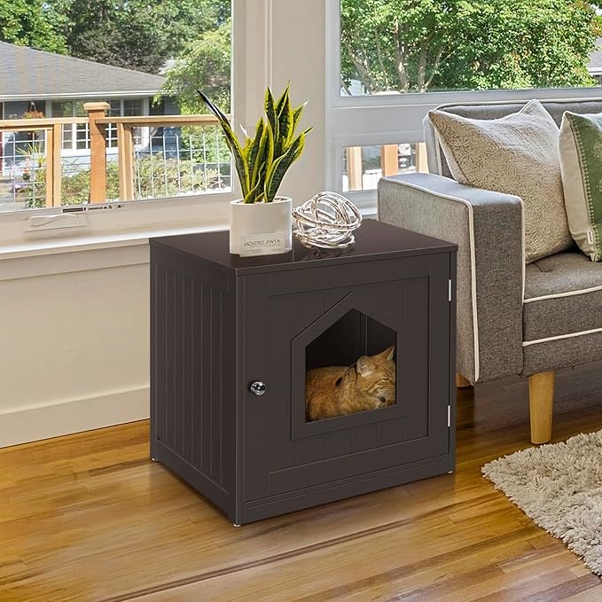 ZENY Cat Litter Box Furniture Hidden, Enclosed Cat Litter Box with Vent Holes, Indoor Cat Box Cabinet, Wooden Cat Washroom, End Table, Nightstand (Brown)
