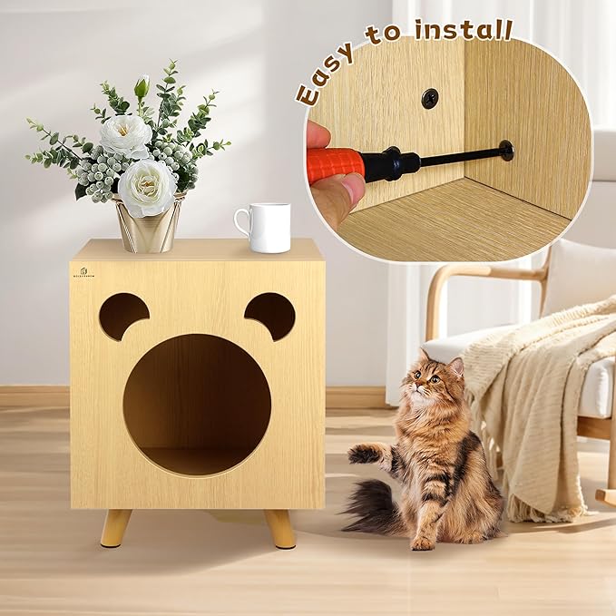 Cat End Table Aluminum Bed Table, Nightstand, Cat Litter Box Enclosure for Indoor and Outdoor with Cabinet Legs and Countertop, Weatherproof, Beige