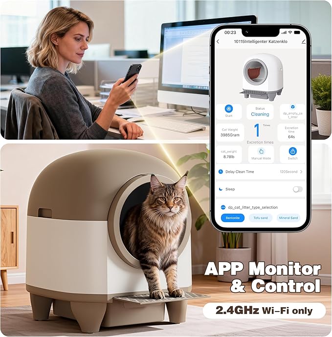 Greesum UltraSmart AutoClean Litter Box - 90L Large Capacity for Multi-Cat Households with Safeguard Tech, APP Control, Odor-Free Design & Mat/1 Roll Litter Bag