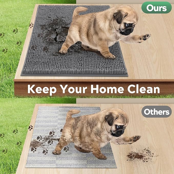 Dog Door Mat for Muddy Paws, Pet Rug Chenille Absorbent Outdoor Doormat 71"x 25", Non Slip Heavy Indoor Doormat Soft Front Inside Doormats for Entryway, Mud Paws, Patio,Dog Paw Black Grey
