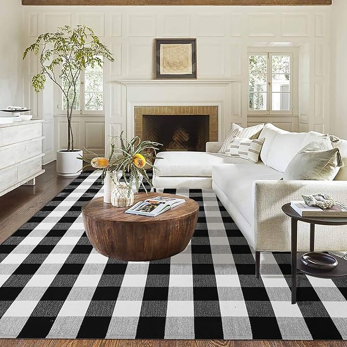 KOZYFLY Buffalo Plaid Area Rug 5 x 8 Ft Black and White Checkered Rug Washable Outdoor Patio Rugs Cotton Rugs for Living Room Carpet for Dining Room Bedroom Farmhouse Rug