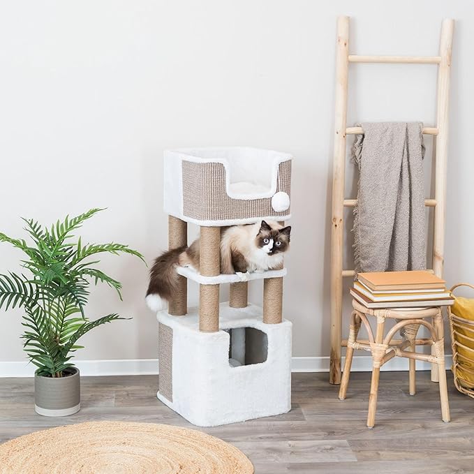 Trixie Lucano Cat Tree, 39.8-in Cat Tower with 8 Jute Scratching Posts & Plush & Sisal Covered Condo, Sturdy Base, Interactive Pom-Poms, Indoor Furniture for Climbing & Relaxation, Brown