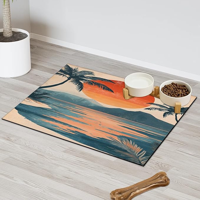 Beach Sunset Dog Food Mat for Floors Absorbent, Quick Dry Water Dispenser Mat for Food, Water, Pet Supplies 12" x 20", Boho Mountain