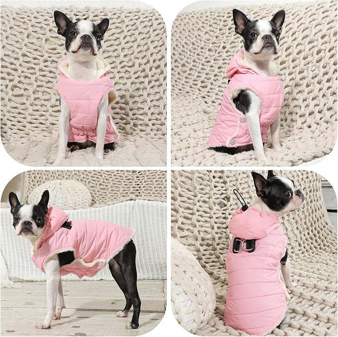 Fleece Lining Dog Hoodie with Harness Built in,Extra Warm Large Dog Jacket in Winter Doggie Coats with Drawstring Hooded,Light Pink XXXL