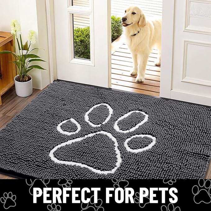 Smiry Dog Door Mat for Muddy Paws, Absorbent Dirt Trapper Non Slip Quick Dry Washable Chenille Mat for Mud Dogs, Entry Rug for Indoor and Outdoor (54x24 Inches, Dark Grey and White)