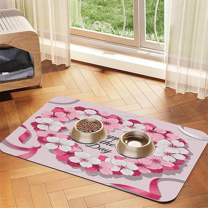 Dog Food Mat for Floors Absorbent Quick Drying Happy Mother's Day Floral Gift for Mom Dl Pet Cat Food Mat Easy-to-Clean Pet Feeding Mats Dog Bowl Mats 18X12In