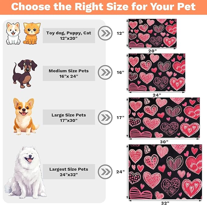 Valentines Day Dog Food Mat for Floors Absorbent, Quick Dry Water Dispenser Mat for Food, Water, Pet Supplies 24" x 32", Love Heart