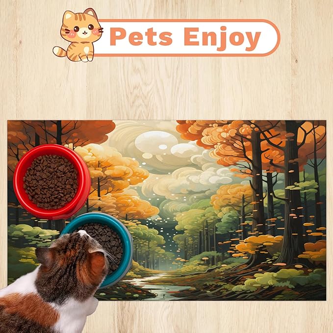 Fall Forest Dog Food Mat for Floors Absorbent, Quick Dry Water Dispenser Mat for Food, Water, Pet Supplies 24" x 32", Autumn Harvest