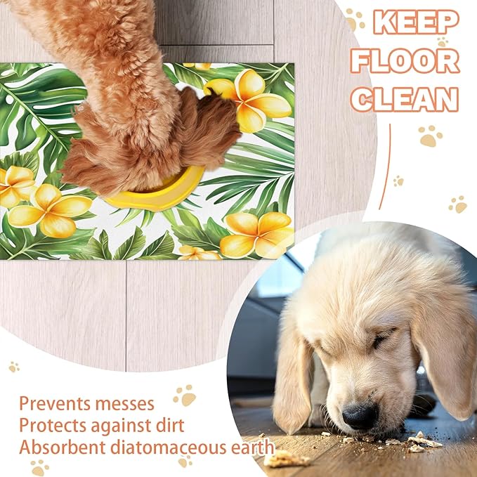 Pineapple Dog Food Mat for Floors Absorbent Dog Bowl Mat for Food and Water Dispenser Quick Dry Cat Food Placemat Pet Supplies 24" x 32", Tropical Flowers