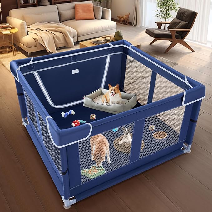 42x42 Inches Puppy Playpen with Gate, Dog Playpen for Puppies or Small Dogs, DogFence Pet Playpen for Indoor & Outdoor, Sturdy Safety DogPen with Thickened Fabric, High-Strength Nylon Wire Mesh