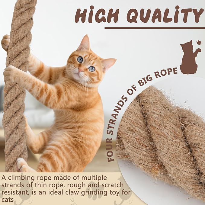 2" x 9.8Ft Cat Climbing Rope with Hook, Natural Sisal Ropes for Ceiling and Wall Mounted, Durable Space Saving Cat Climbing Jute Rope Toy with Scratching Kitten Rope for Indoor and Outdoor
