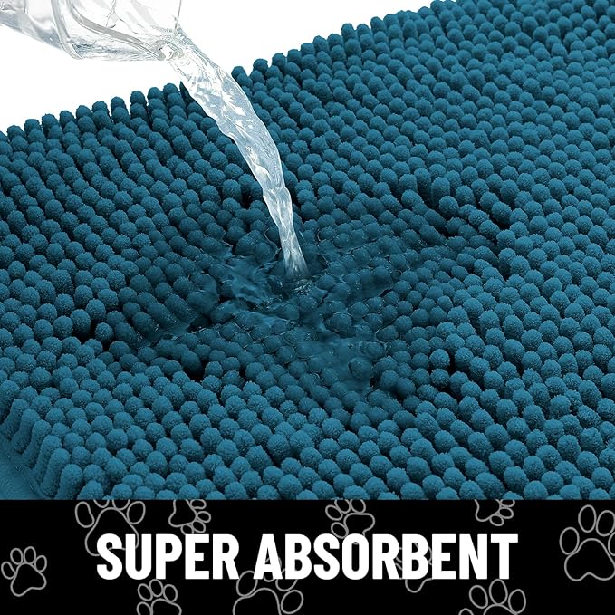 Smiry Dog Door Mat for Muddy Paws, Absorbent Dirt Trapper Non Slip Quick Dry Washable Chenille Mat for Mud Dogs, Entry Rug for Indoor and Outdoor (47x24 Inches, Atlantic Blue and White)