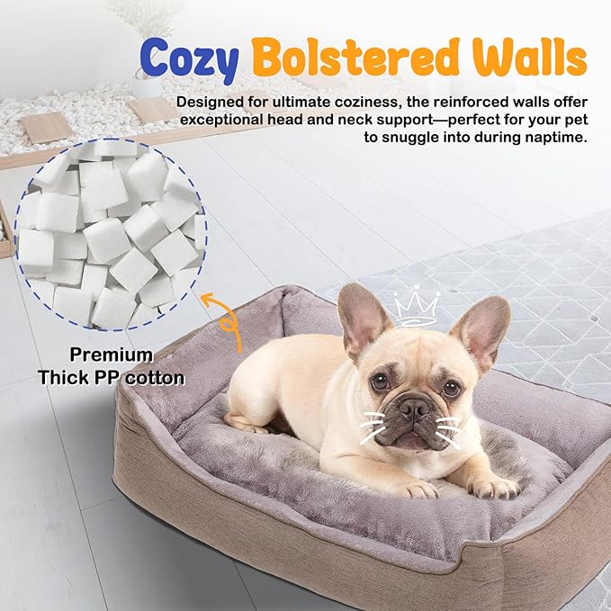 Makigued Rectangle Dog Bed for Medium Size Dog with Removable Washable Cover Pet Bed with Bolster Sides Non-Slip Bottom Pet Sofa Waterproof Lining Durable Pet Cuddler, Light Brown, 29x 23x 7.1 in