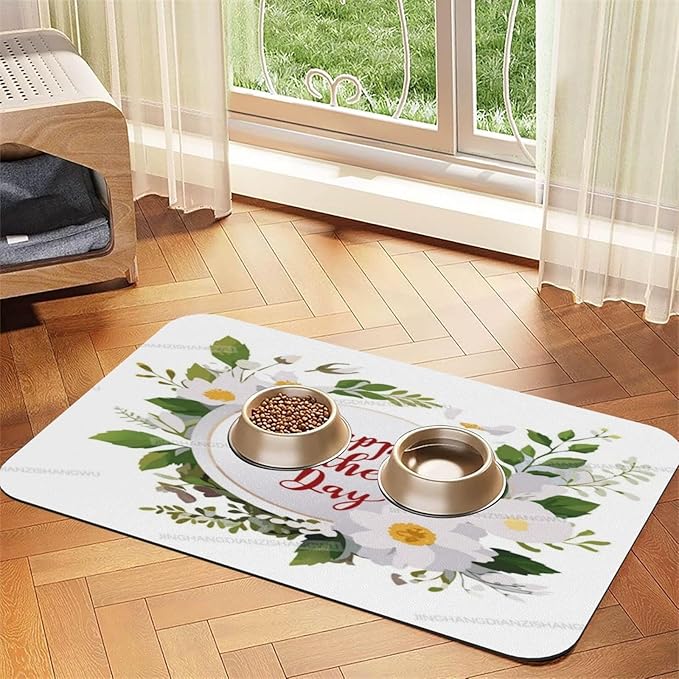 Non Slip Mat for Dog Pet Cat Dog Food Mats Happy Mother's Day Floral Gift for Mom Jk Water Bowl Mat Quick Dry Absorbent Cat Feeding Mats 24x16In