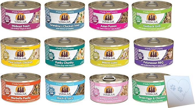 Huge Variety Pack for Weruva-Classic Cat Food - All 12 Flavors: Paw Lickin' Chicken, Grandma's Soup, Green Eggs & Chicken, Funky Chunky, Mack & Jack & More! (3oz Each, 12 cans Total)