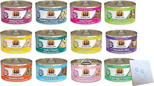 Huge Variety Pack for Weruva-Classic Cat Food - All 12 Flavors: Paw Lickin' Chicken, Grandma's Soup, Green Eggs & Chicken, Funky Chunky, Mack & Jack & More! (3oz Each, 12 cans Total)