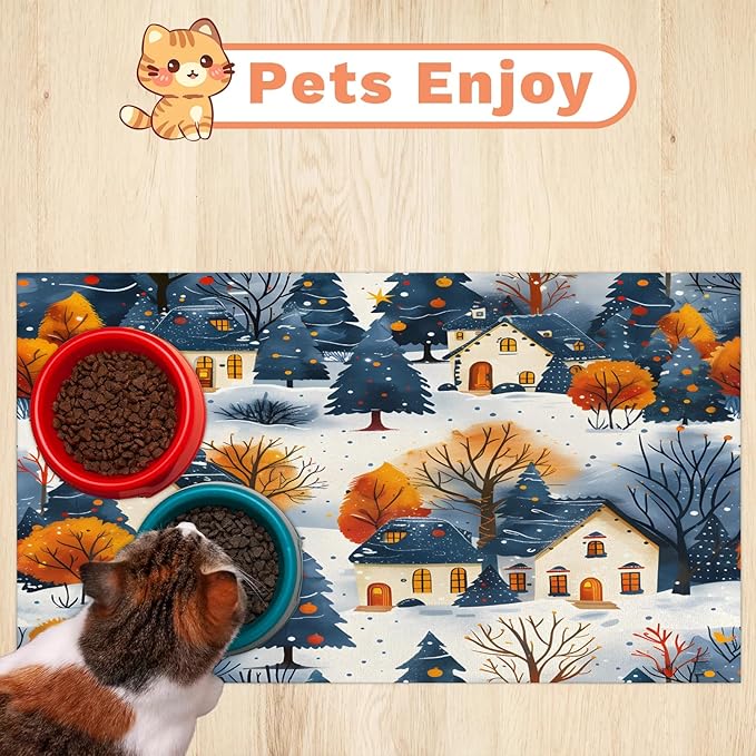 Village Hills Dog Food Mat for Floors Absorbent, Quick Dry Water Dispenser Mat for Food, Water, Pet Supplies 24" x 32", Fall Tree