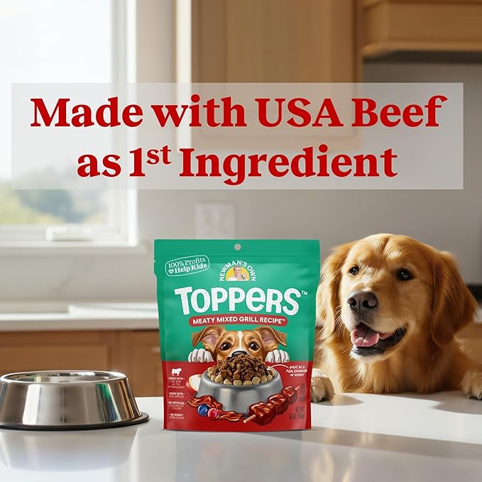 Newman's Own Toppers - Meal Topper for Dry Dog Food - Wet Topper for Picky Dogs - Beef as The First Ingredient - Made in The USA - Meaty Mixed Grill Recipe - 16 oz Resealable Pouch