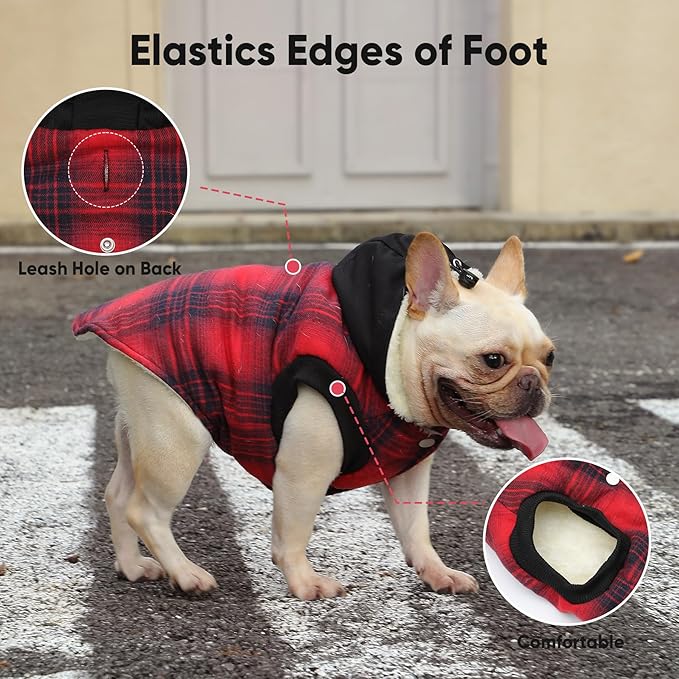 Fleece Lining Dog Hoodie for Medium Dogs Extra Warm Plaid Sweater with Drawstring Hooded Coats in Winter Doggie Jacket,Red XL