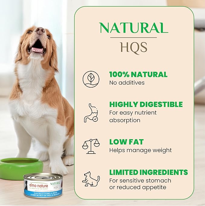 almo nature HQS Natural Wet Dog Food Tuna Fillet Entrée, Grain Free, Additive Free, Low Fat, GMO Free, 5.5oz Pack of 12