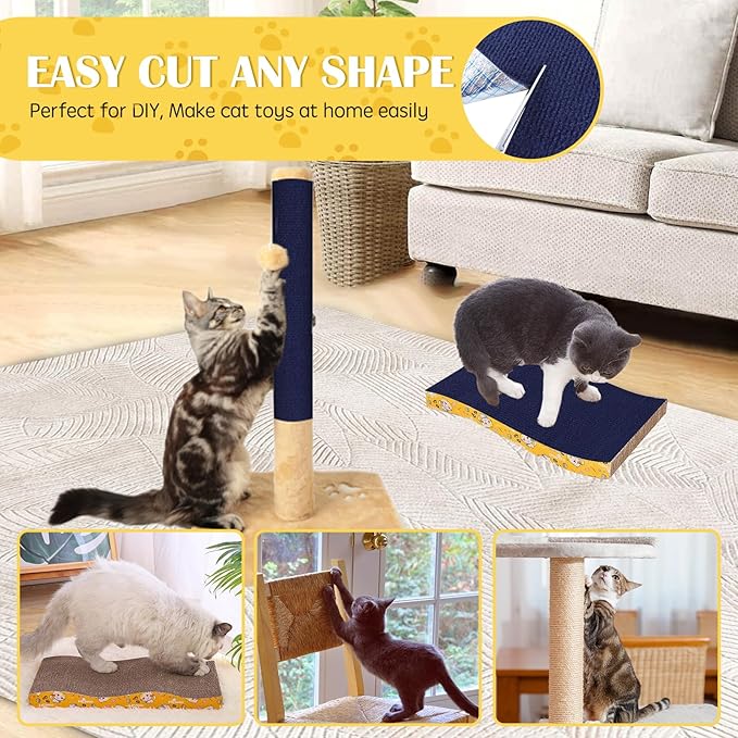 Self-Adhesive Cat Scratch Mat Trimmable Cat Scratching Post Carpet 79in Durable Carpet Mat Pad Replacement for Cat Tree Shelves Post Couch, Furniture, Walls & Doors DIY Cat Climbing Mat(Dark Blue)