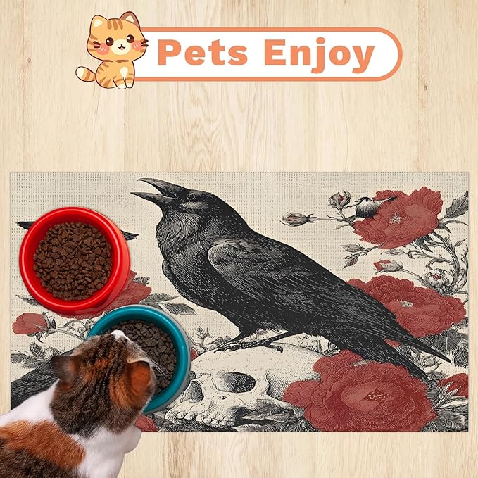 Halloween Crow Dog Food Mat for Floors Absorbent, Quick Dry Water Dispenser Mat for Food, Water, Pet Supplies 17" x 30", Skull Floral