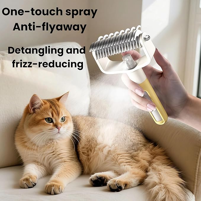 Pet Spray Comb, Newly Upgrade Hair Removal Tool, Gentle Rounded-Tip Cat Dog Grooming Spray Brush with Mist for Long/Short Hair Cats and Dogs(Yellow)