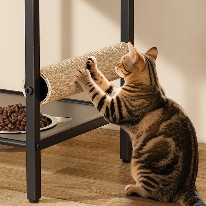 4in1 Cat Furniture Stand with Cat Scratching Post, Cat Food Bowls, Cats Bed Platform, Cats Food Storage Organizer, All in One Pet Furniture for Small Space (Black)