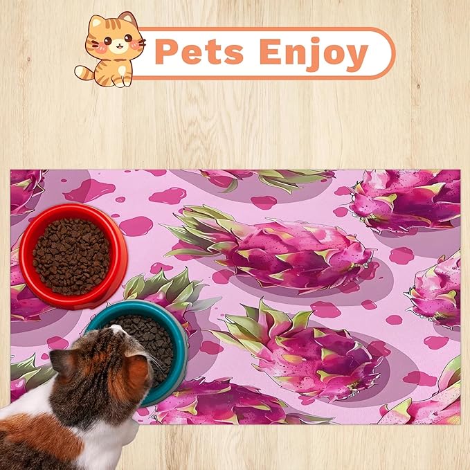 Dragon Fruit Dog Food Mat for Floors Absorbent Dog Bowl Mat for Food and Water Dispenser Quick Dry Cat Food Placemat Pet Supplies 16" x 24", Summer Fruits