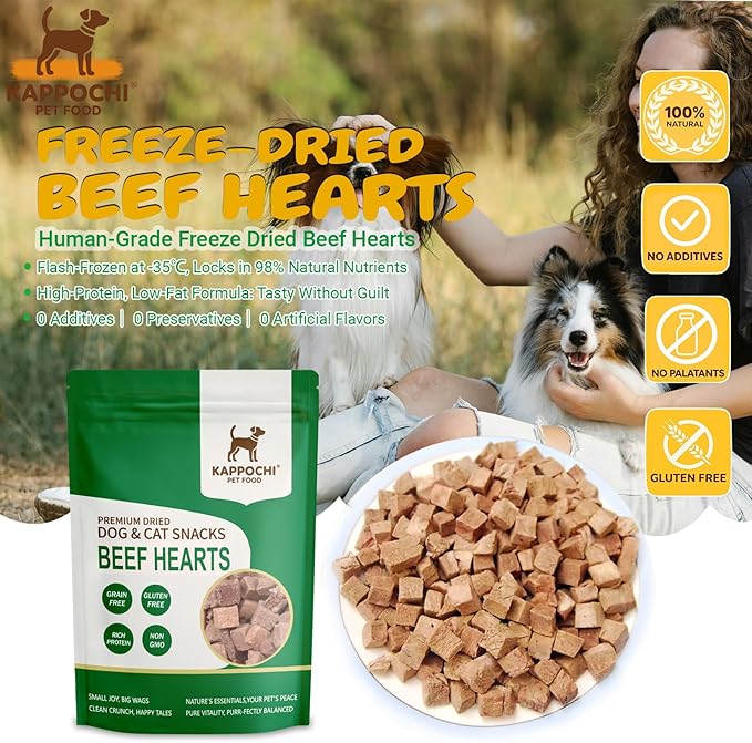 Freeze-Dried Beef Hearts Dog Treats, 1.76oz(50.0g), 100% Single Ingredient, High Protein Training Treats, Natural & Raw, No Additives, Grain Free, Gluten Free