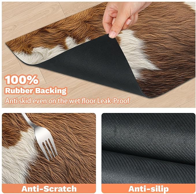 Cow Print Dog Food Mat for Floors Absorbent Dog Bowl Mat for Food and Water Dispenser Quick Dry Cat Food Placemat Pet Supplies 16" x 24", Brown Skin