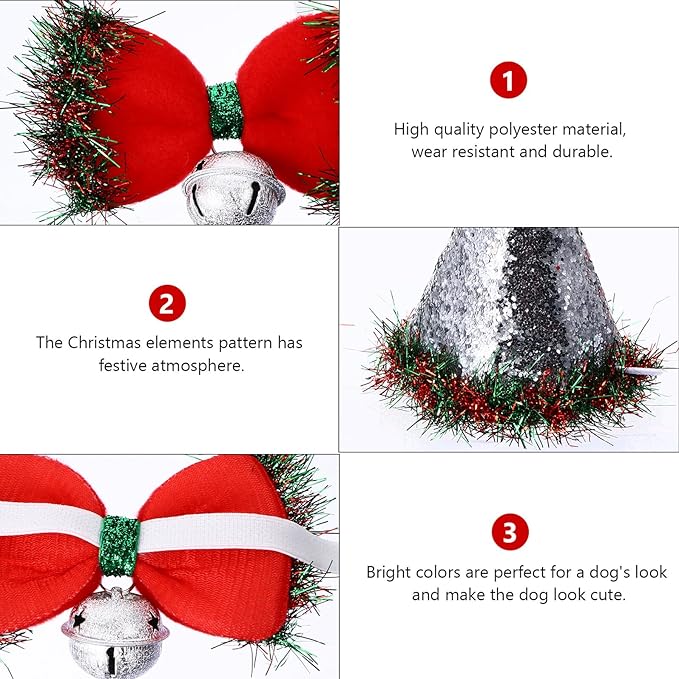 Gadpiparty Christmas Pet Hat Red Bow Tie with Bell Set Soft Fabric Dog and Cat Cap Costume Accessories for Holiday Party 2pcs Festive Pet Supplies