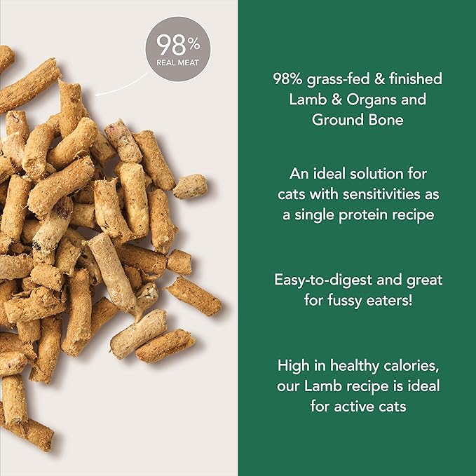 Feline Natural High Protein Dry Cat Food, Freeze-Dried Diet with 98% Meat, Organs & Seafood, No Peas, Grains, or Artificial Additives, Made in New Zealand, Lamb, 11oz