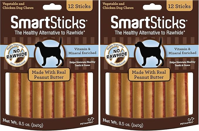 SmartBones SmartSticks with Real Peanut Butter 12 Count, Rawhide-Free Chews for Dogs (Pack of 2)