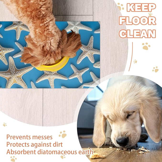 Starfish Dog Food Mat for Floors Absorbent Dog Bowl Mat for Food and Water Dispenser Quick Dry Cat Food Placemat Pet Supplies 12" x 20", Blue Ocean Sea