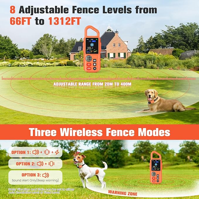 4-in-1 Wireless Dog Fence System, Electric Fences for Medium Large Dogs, 4 Modes Training Collar with Remote, IPX7 Waterproof, Portable Indoor & Outdoor Safe Pet Containment for 2 Dogs