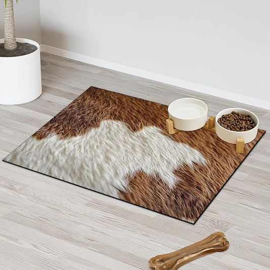 Cow Print Dog Food Mat for Floors Absorbent Dog Bowl Mat for Food and Water Dispenser Quick Dry Cat Food Placemat Pet Supplies 12" x 20", Brown White Fur