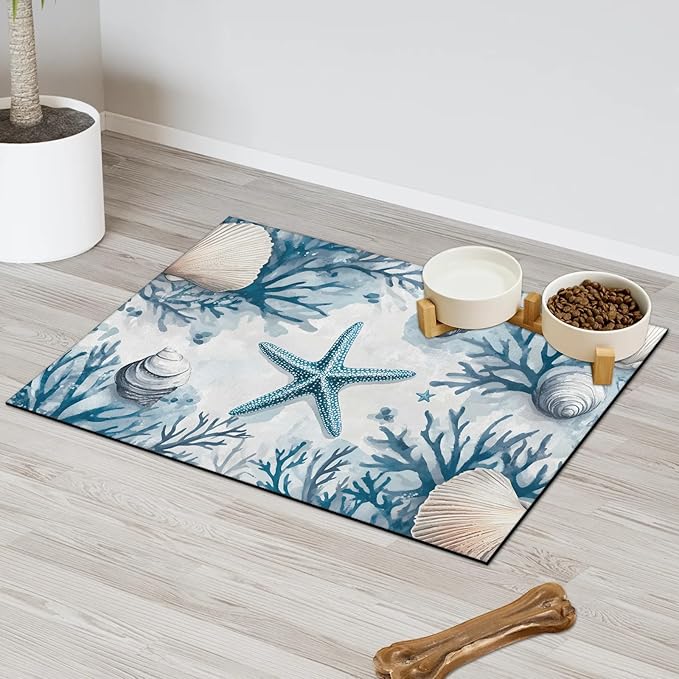 Starfish Seashells Dog Food Mat for Floors Absorbent Dog Bowl Mat for Food and Water Dispenser Quick Dry Cat Food Placemat Pet Supplies 16" x 24", Ocean Beach Coral