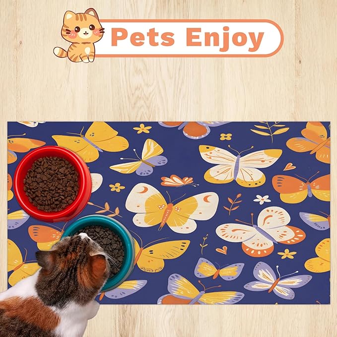 Flower Butterfly Dog Food Mat for Floors Absorbent, Quick Dry Water Dispenser Mat for Food, Water, Pet Supplies 16" x 24", Watercolor Animals