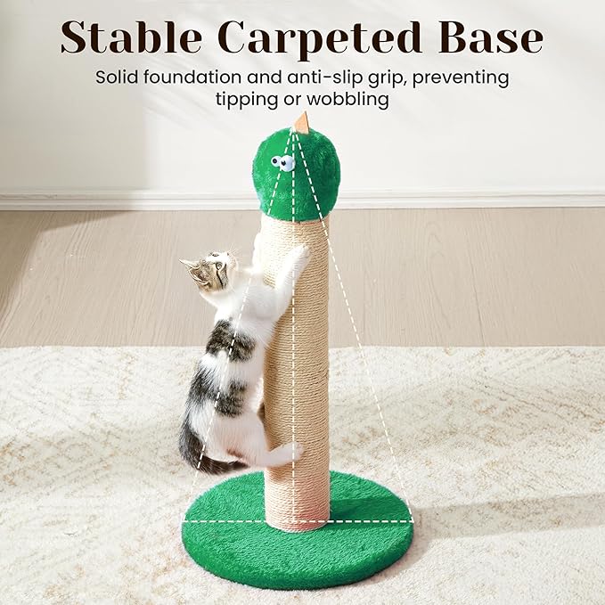 Cat Scratching Post for Small Space, 22'' Scratching Posts for Indoor Cats Adults, Extra Wide 13.4" Stable Base & Natural Sisal, Cute Cat Scratching Post with Short Plush Fabric for Large Cats, Green