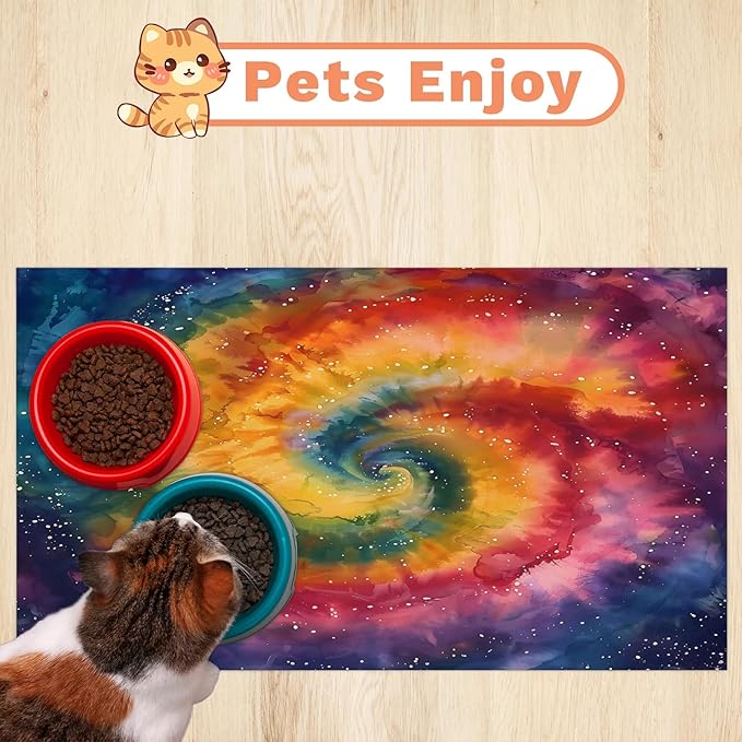 Boho Tie Dye Dog Food Mat for Floors Absorbent, Quick Dry Water Dispenser Mat for Food, Water, Pet Supplies 12" x 20", Rainbow