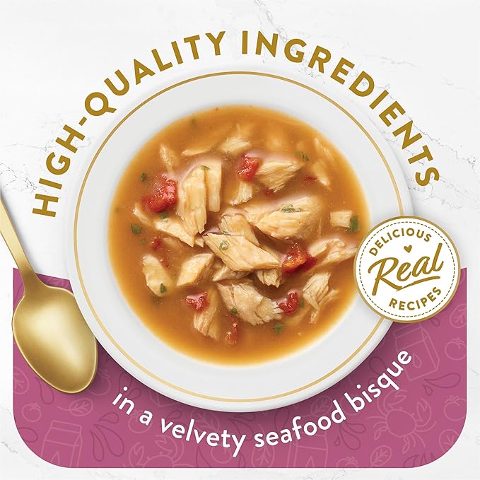 Purina Fancy Feast Lickable Wet Cat Food Broth Topper Seafood Bisque and Accents of Real Crab - (Pack of 16) 1.4 oz. Pouches