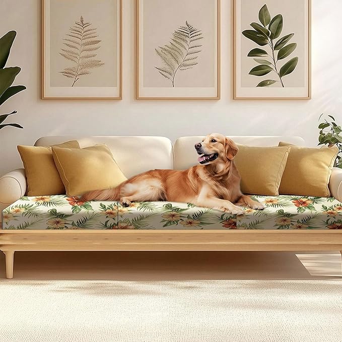 HANDONTIME 8Pcs Outdoor Patio Cushion Covers Floral Leaves Stretch Couch Cushion Cover Patio Couch Slipcover for Outdoor/Indoor Washable Non-Slip Furniture Protector for Pet (Green, Cover Only)