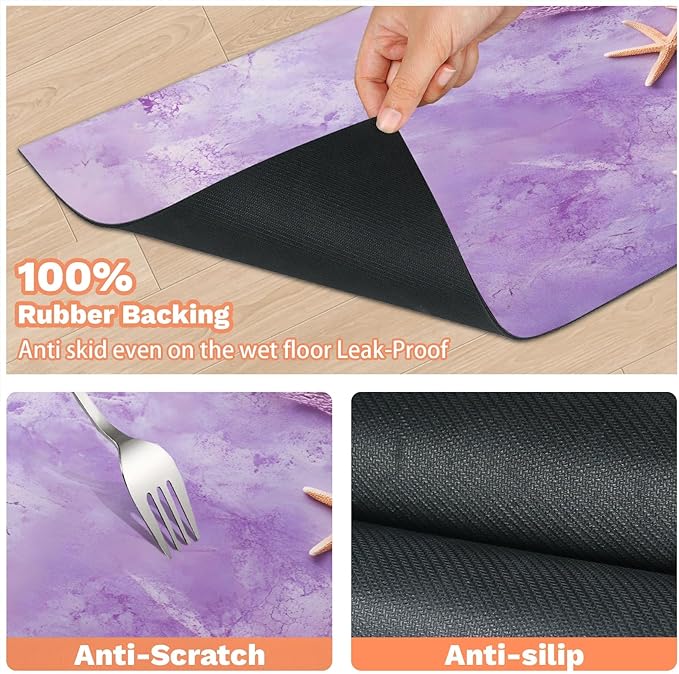 Starfish Shell Dog Food Mat for Floors Absorbent Dog Bowl Mat for Food and Water Dispenser Quick Dry Cat Food Placemat Pet Supplies 24" x 32", Purple